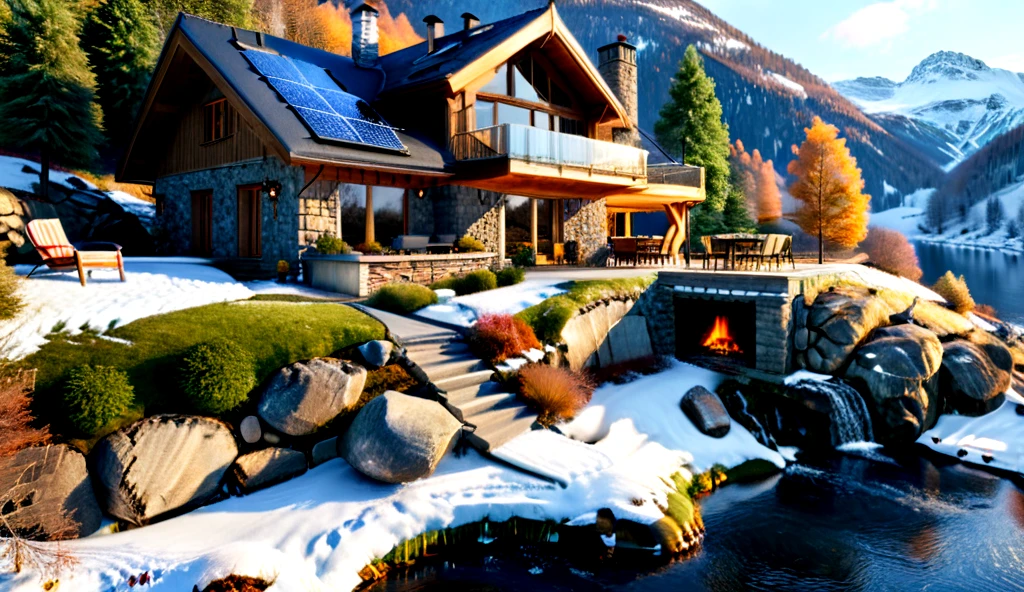 ultra-realistic image with high resolution and stable focus correct and accurate anatomy, correct and accurate objects, perfect detail, in the architectural style of a family house built of stone and wood merging with nature, designed for ecological neutrality of natural materials, in the mountains, forest ,garages,wide porch,outbuildings,table chairs,barbecue,fire pit,swimming pool,cut into the rocks,grass roof,steps,stone path,waterfall,lake,river,ultra realism,photo realism,single story,multi story,slope, wind generators, solar panels, sunset, (winter season), snow, frozen lake, close-up <lora:MJ52_v2.0:1> <lora:xl_more_art-full_v1:1> <lora:houses_merging_with_the_natural_environment_r1:0.4>