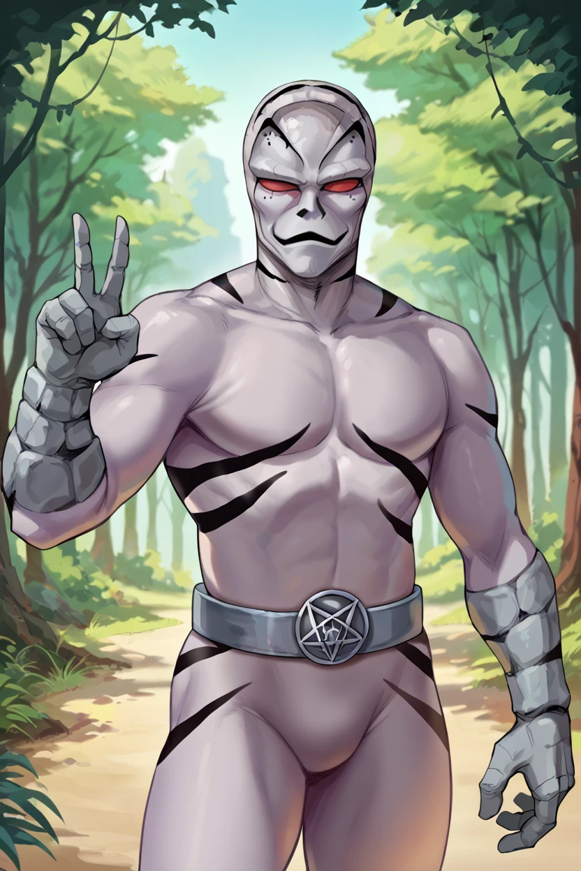 score_9, score_8_up, score_7_up, BREAK putty, 1boy, solo, male focus,grey skin,nude,no nose, red eyes, grey belt,smile, outdoors, nature, standing, alien, solid eyes, black striped skin, stone hands,pentagram belt buckle, peace sign, no nipples,black head stripes, arm at side,  <lora:PuttiesPony:1>