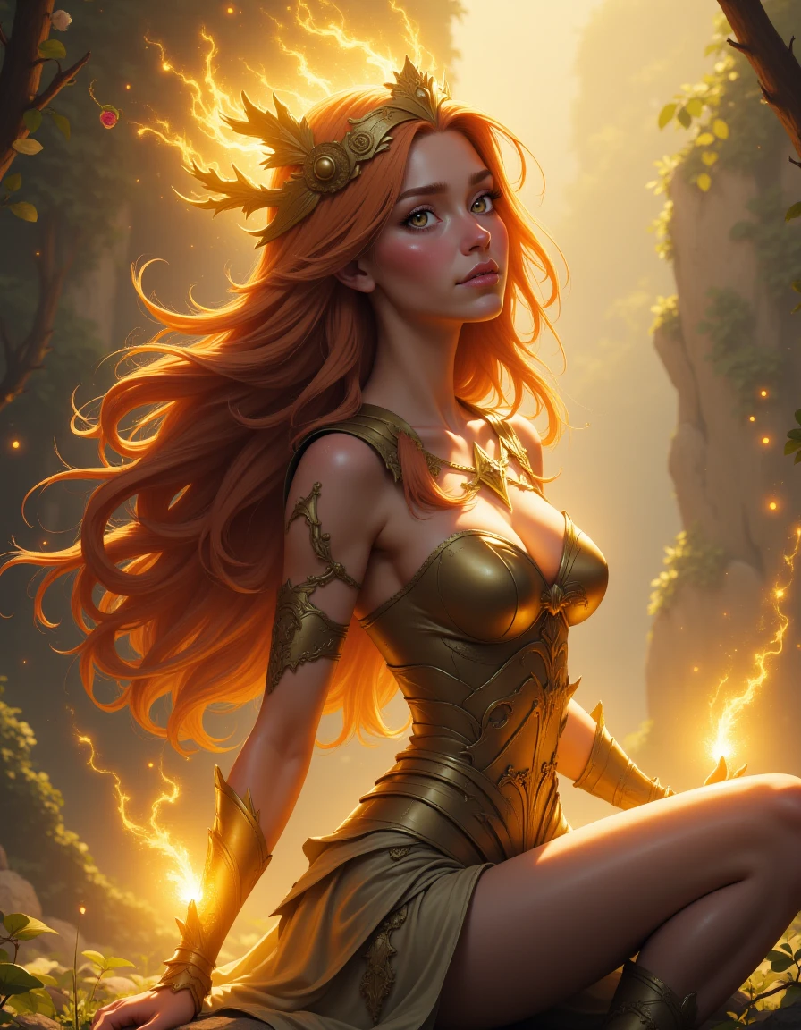 ultra detailed druid goddess with a crown made out of pure light, kind-hearted with a penetrating gaze, golden glow, extremely detailed and beautiful face, gorgeous body, soft copper-colored hair, she wears druid armor, ethereal, magical glow, fantasy art by Mschiffer, ultra sharp focus, ethereal glowy smoke, light particles, roses and vines, brambles  <lora:BStyle:1> bstyl3