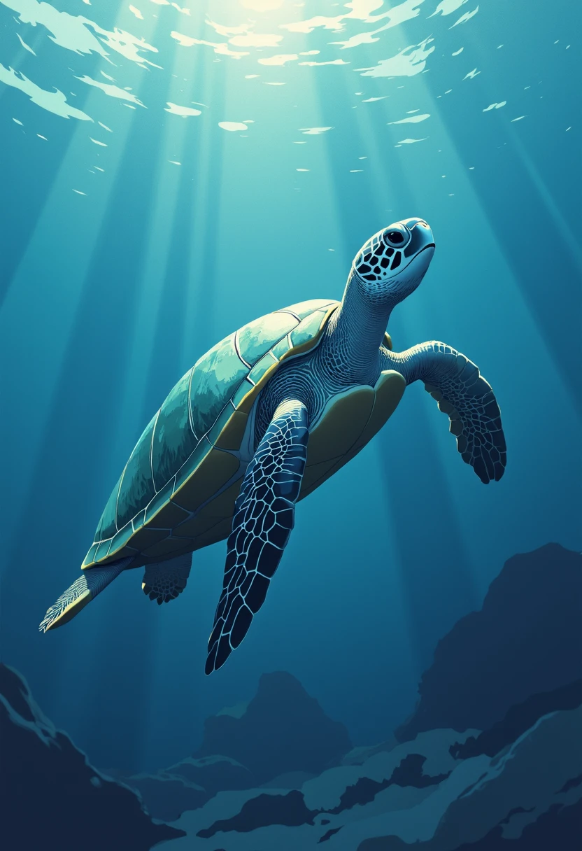 Minimalist painterly illustration of a turtle, the turtle is swimming underwater with caustic light shining on it, highly detailed, crisp linework