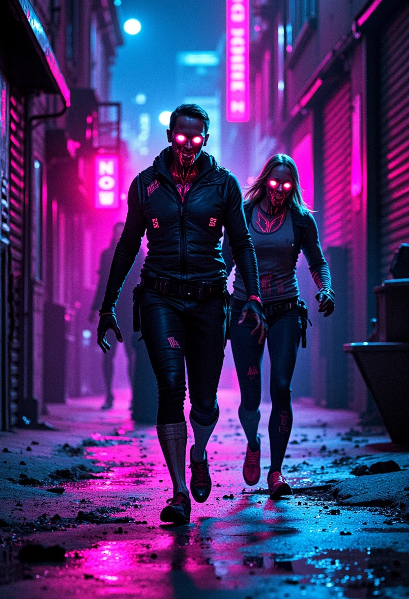 In a neon-lit alley of a dystopian city, infected figures shuffle through puddles reflecting vivid pink and blue lights. The infected wear futuristic, torn body armor with glowing circuit-like tattoos etched into their skin. Rendered in a graphic novel style, with sharp, angular lines and high-contrast shading, their eyes emit an eerie glow that matches the neon haze around them.