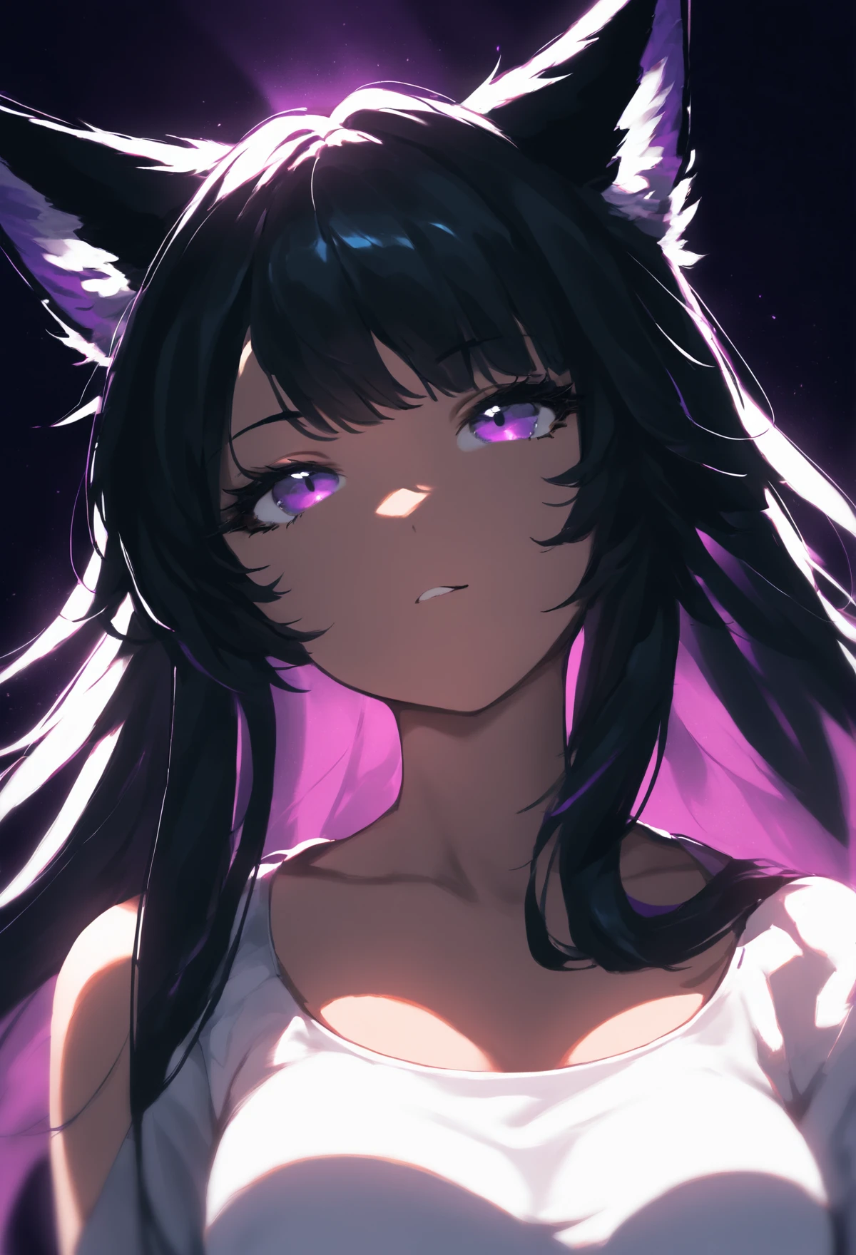 score_9, 1girl, black hair, purple eyes, long hair, bangs, dark background, backlighting, teasing face, colorfully vibrant, fox ears, looking at viewer, head tilt, hair behind ear