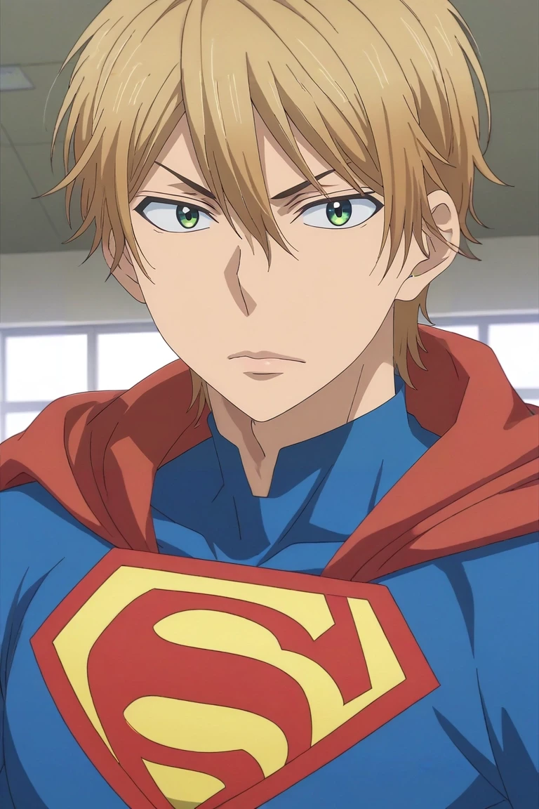 score_9, score_8_up, score_7_up, , rating_safe, , anime screencap, , , looking at viewer, , 1boy, solo, male focus, <lora:nozomu_nanashima_pony:0.94>, nozomu_nanashima, blonde hair, green eyes, short hair, hair between eyes, , superman costume, <lora:sdxl_lightning_8step_lora:1>