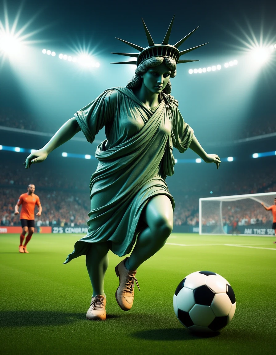 This image is a hyper-realistic CGI rendering of the Statue of Liberty playing soccer. The statue, with her iconic crown and detailed robes, is captured mid-action with incredible precision.
Lady Liberty is depicted in the heat of the moment, kicking a soccer ball with focused intensity. Her robes are dynamically flowing, reflecting the motion of the game. Her torch is set aside on the sidelines, adding a unique glow to the scene.
The background features a vibrant soccer field with green grass, goalposts, and cheering fans in the stands. The stadium lights cast a dramatic illumination on the field, capturing the energy and excitement of the game.
The overall atmosphere combines the grandeur of the statue with the spirited enthusiasm of a soccer match. The artist skillfully blends these elements to create a scene that is both exhilarating and thought-provoking.
, Statue of Liberty,<lora:Statue_of_Liberty_Flux_V1:1>ï¼