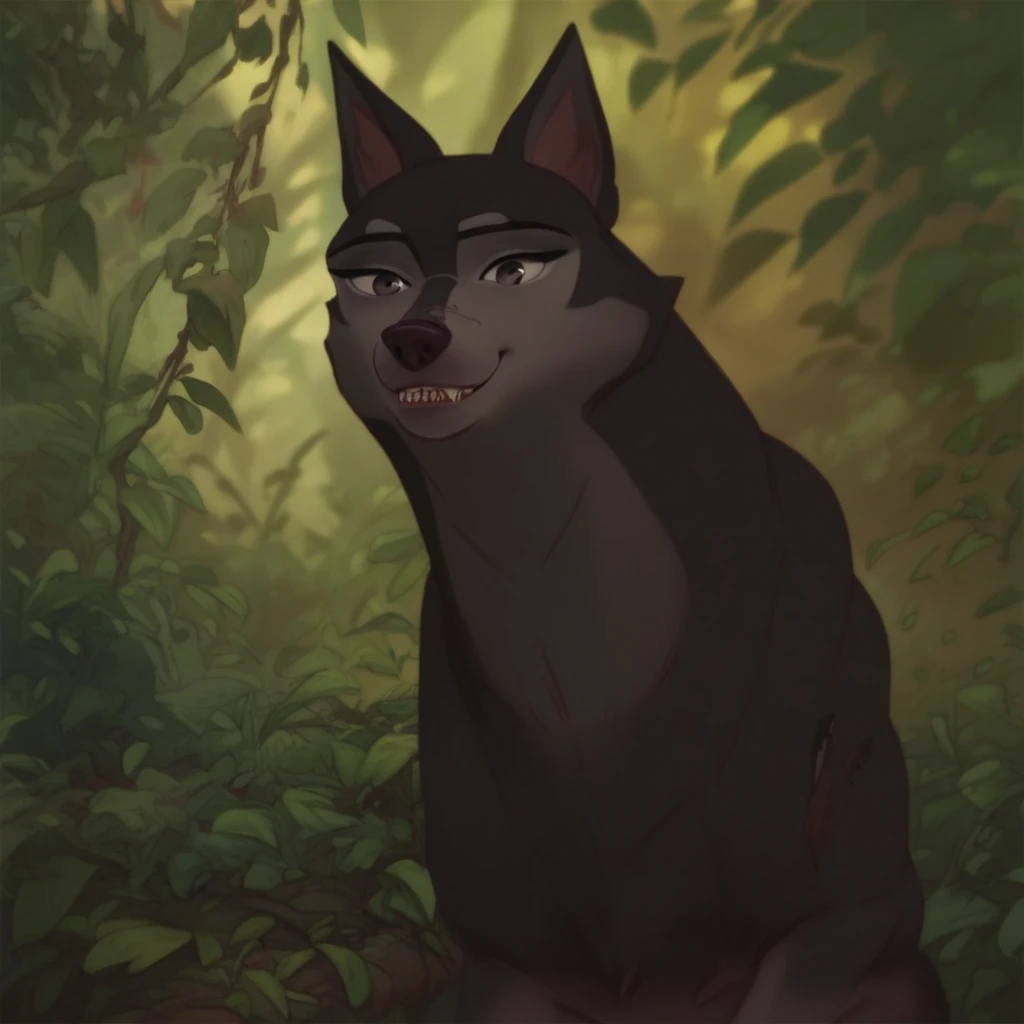 score_9_up, score_8_up, score_7_up, score_6_up, bami_underdog, female, feral, dog, black eyes, sharp teeth, smile, sitting in a forest, (realistic), (painted art)