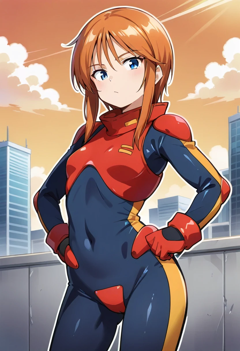 1girl,solo, <lora:pletwo_ill:1> ple-two, orange hair, sidelocks, short hair, blue eyes, hair between eyes, bodysuit, pilot suit, skin tight,red gloves,cowboy shot, standing,hands on own hips, sky, rooftop, outside, building