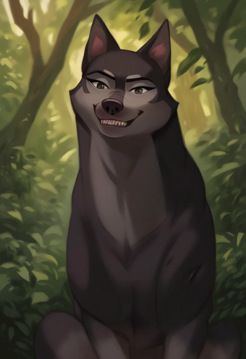 score_9_up, score_8_up, score_7_up, score_6_up, bami_underdog, female, feral, dog, black eyes, sharp teeth, smile, sitting in a forest, (realistic), (painted art)