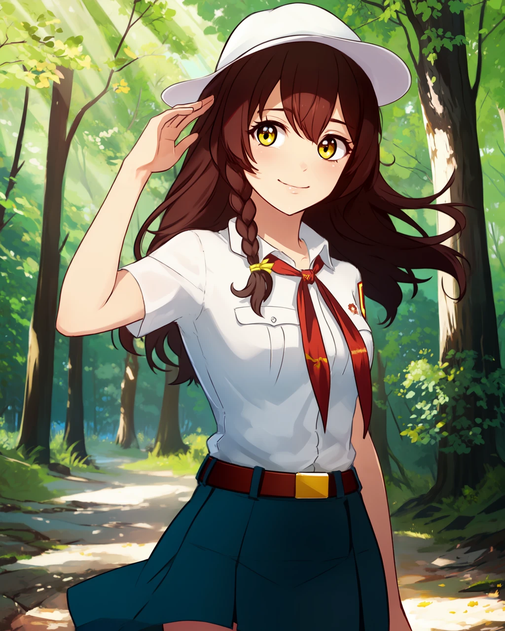 masterpiece, high quality, blyulia, 1girl, upper body, medium shot, brown hair, side braid, yellow eyes, white hat, white shirt, red badge on shirt, red bow-tied neckerchief, leather belt, blue skirt, yellow hairpin, dynamic pose, wind, light smile, outdoors, forest, park, day, tree, sky,  <lora:blyulia:0.8>