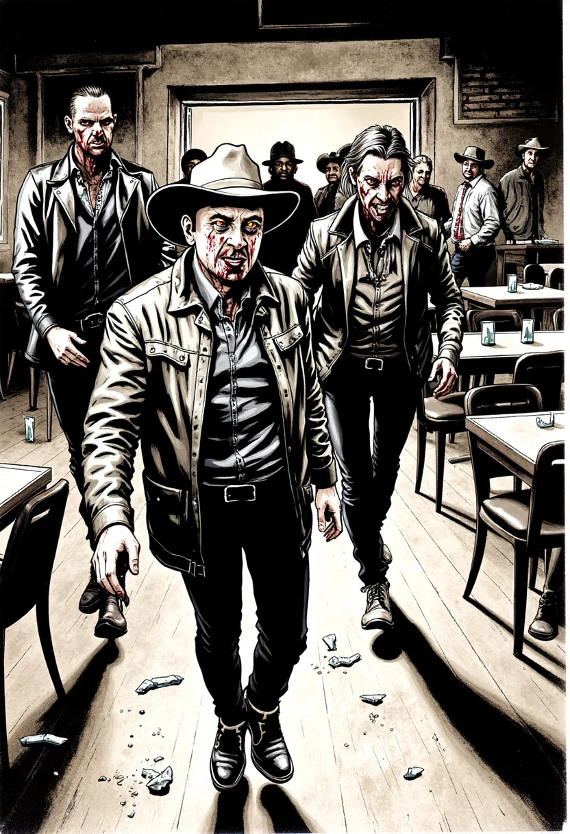 In a gritty, Western graphic novel style, a dust-covered saloon is filled with infected figures, shadows stretching ominously across the wooden floor. The infected wear torn cowboy hats, boots, and leather jackets, their faces gaunt with intense black ink lines, with eyes glowing faintly under bold shadows. Broken glass and overturned tables add to the chaotic scene.