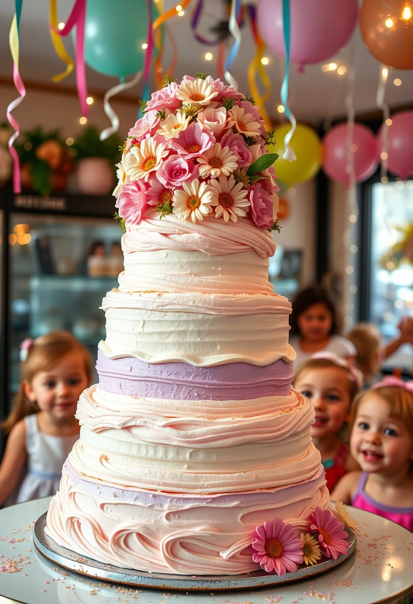 In a beautifully decorated bakery, nestled on a bustling street corner, a stunning multi-layered birthday cake takes center stage, its layers towering high like a delicious architectural marvel. Each tier is generously frosted with silky smooth buttercream, intricately swirled in soft pastels of lavender, pale pink, and creamy white that blend harmoniously together. Adorning the top is a cascade of fresh, vibrant flowers, including delicate roses and cheerful daisies, their petals glistening with droplets of morning dew.
As you approach the cake, the sweet aroma of vanilla and rich chocolate wafts through the air, enticing your senses. The cake's outer layer is embellished with a delicate gold leaf, catching the light and adding an air of elegance. Sprinkles of edible glitter shimmer like stardust, creating a whimsical effect that captures the joy of celebration.
Around the cake, a festive scene unfolds with colorful streamers and balloons hanging from the ceiling, their bright colors reflecting the anticipation of the joyful gathering. Laughter and chatter fill the atmosphere as excited children await the moment when the cake is cut, their eyes wide with delight. The soft glow of twinkling fairy lights casts a warm ambiance, enhancing the cheerful mood as loved ones come together to celebrate the special day.