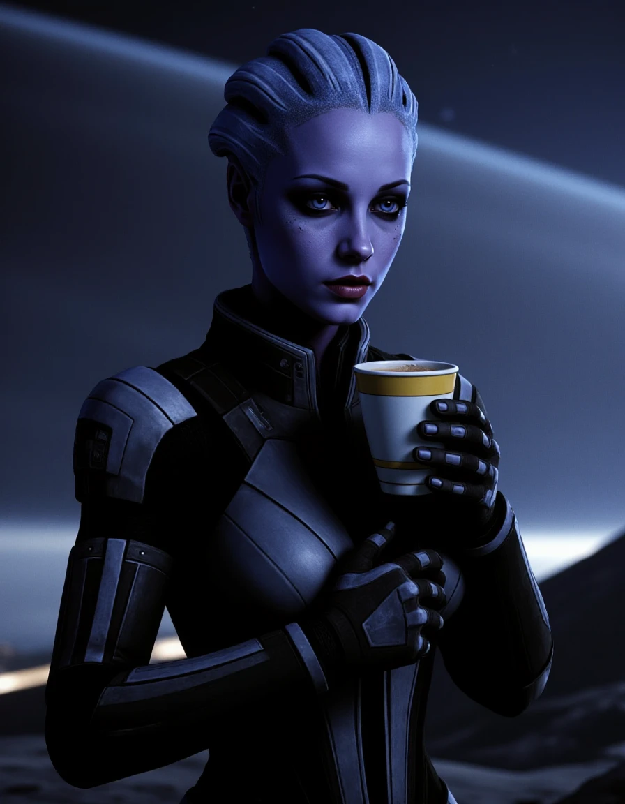 dvd screengrab from a 1990s, close up of Liara T'Soni from Mass Effect stands on a sci-fi world, drinkin a coffee, LiaraTis, <lora:flux-lora-Liara_08:1>