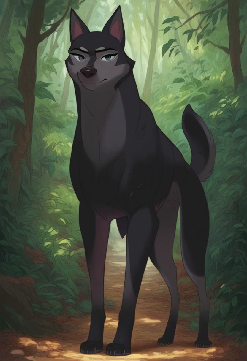 score_9_up, score_8_up, score_7_up, score_6_up, bami_underdog, female, feral, dog, black eyes, looking at viewer, closed mouth, smile, standing in a forest, full body, (painted art)