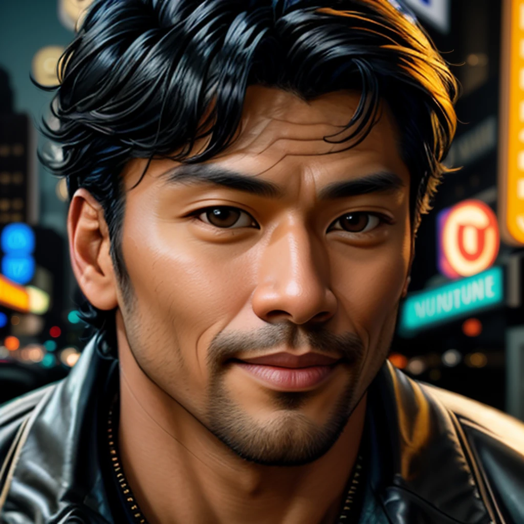 Color photo, male focus, portrait, close-up shot, from front, Pno, looking at viewer, black hair, brown eyes, light smile, shot on Hasselblad, professional headshot, depth of field, outdoors, night, city, neon signs, muted colors, masterpiece, ruggedly handsome <lora:PinoAgbayani_v2:1>