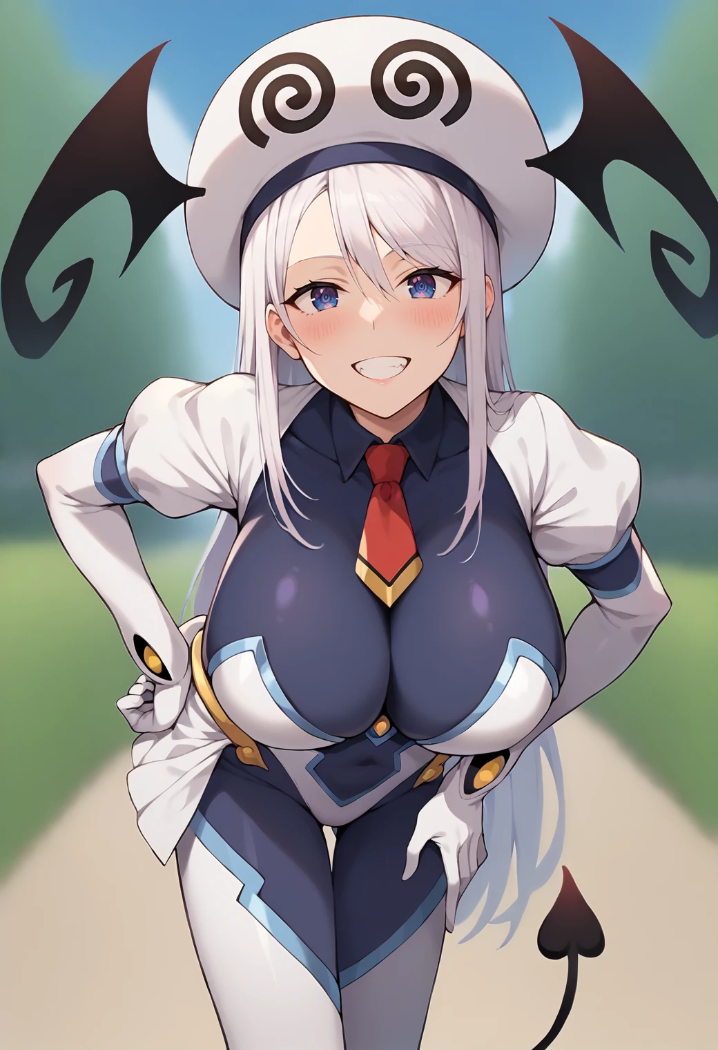 score_9, score_7_up, hd, (ultra hd quality details), source_anime, outdoors, blurry background, 
solo, 1girl, fdreona, white hair, very long hair, large breasts, huge breasts, 
lalabodysuit, blue bodystocking, hat, demon wings, demon tail, white leotard, puffy sleeves, white gloves, red necktie, showgirl skirt,
looking at viewer, blush, smile, teeth,
hand on own hip, leaning forward, 
<lora:_lalas_bodysuit-elesico-pony-05:1> <lora:_kisaragi_reona-elesico-pony-05:0.8>