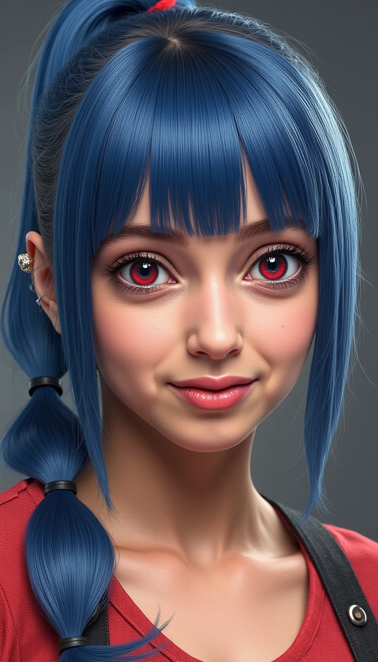 Hyperrealistic art SR woman,<lora:shauna-rae-lora:1>,smug,blue hair,pony-tail,bangs,red eyes, . Extremely high-resolution details, photographic, realism pushed to extreme, fine texture, incredibly lifelike