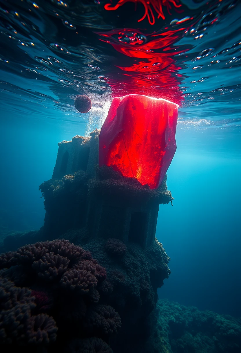 masterpiece, 4k, 8k, sharp, we are underwater and we see an underwater building, a magical crystal is merging with it, it is red inside, the building have coral growing on it, the light is cinematic and going throught the surface of the water, the depth of the water is clear and diverse in colour, and a light a shining inside of the crystal.
The scene is amazing to look at and the lighting creates expressive shadows.