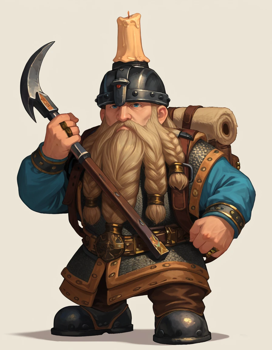 Score_9, Score_8_up, Score_7_up, 2d, source_cartoon, fantasy,
blank background, chibi,
DwarfMiner, beard, backpack, candle on helmet, holding pickaxe,
<lora:DwarfMiner_PonyXL:0.75>