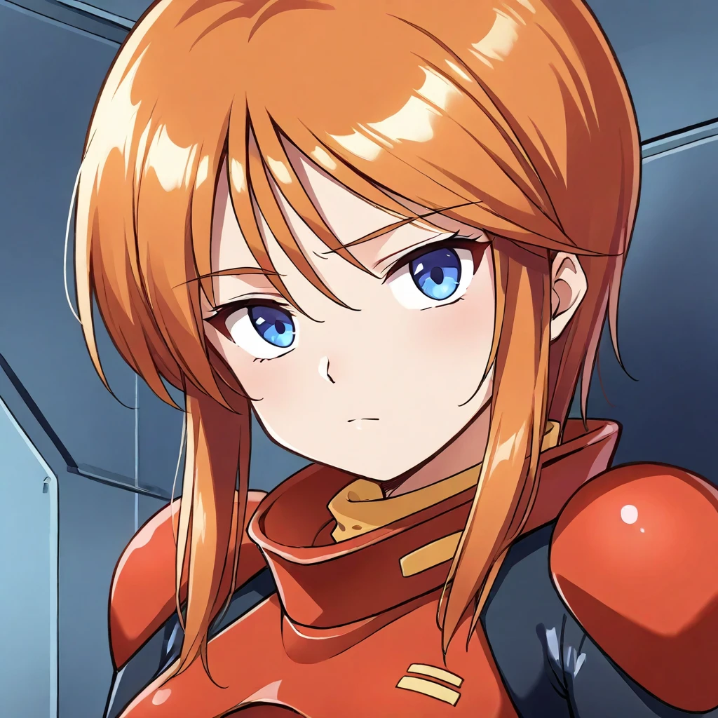 1girl,solo,<lora:pletwo_ill:1> ple-two, orange hair, sidelocks, short hair, blue eyes, hair between eyes, bodysuit, pilot suit, skin tight,portrait,upper-body