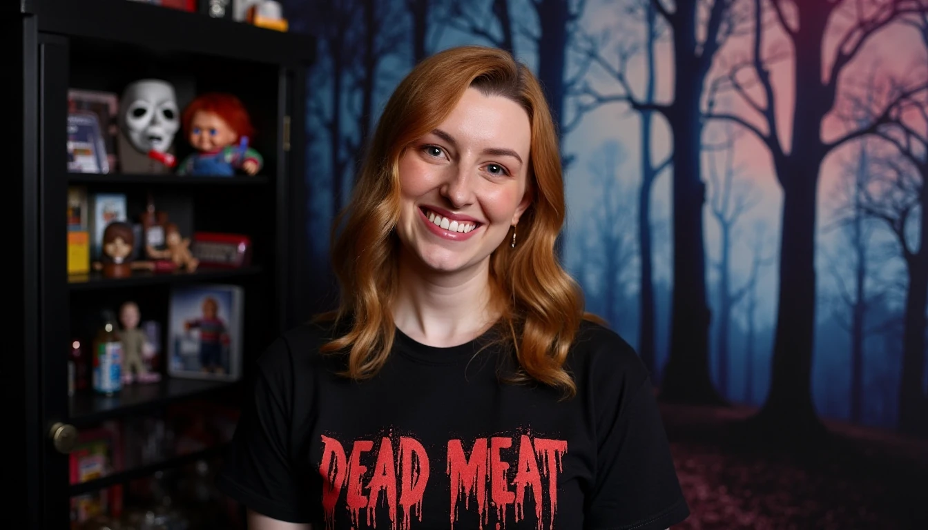 A portrait photo of carebecc, a tall but slender woman. She is smiling. She is wearing a black horror film t-shirt. She is standing upright. The background shows the set of Dead Meat: To her left stands a tall black cupboard with all sorts of horror film merchandise and horror movie props, for example the Ghostface mask of the killer in Scream and a Chucky doll. The background wall behind her shows a wallpaper that depicts a spooky forest with old dead trees in various shades of light blue and pink. The lighting is rather dark and sinister.