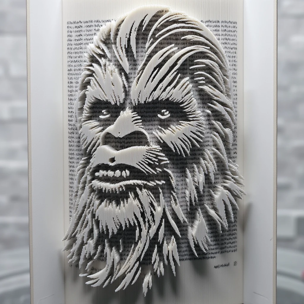 monochrome image of Chewbacca, 3dpprsclptrs style