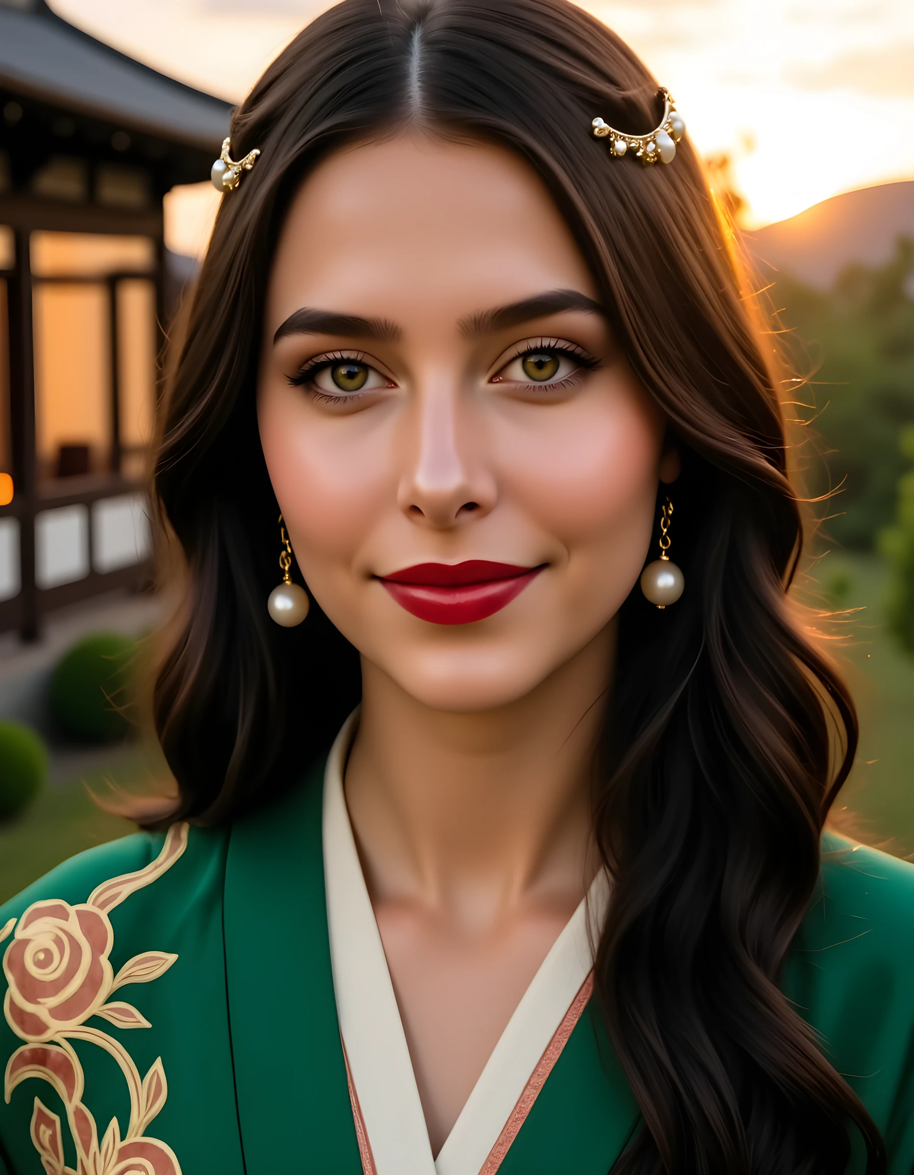 A close-up portrait shot captures M414Z, a woman with raven-black hair cascading down her shoulders, adorned in an intricately embroidered emerald green kimono, her lips painted a bold red that contrasts sharply against the rich fabric. She is accessorized with delicate gold and pearl jewelry that catches the soft, warm glow of a setting sun over a traditional Japanese tea house garden, her eyes sparkling with a warm, inviting smile as she gazes directly into the camera lens, exuding an air of mystique and charm in this enchanting and intimate scene.