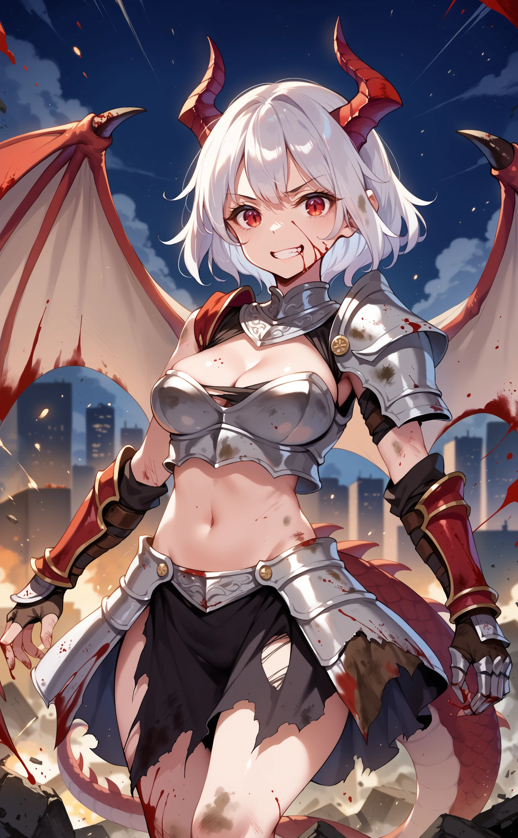 score_9, score_8_up, score_7_up, source_anime,
night sky, cityscape, destruction, debris, smoke, solo focus,
1girl, white hair, dragon horns, red eyes, narrow waist, round belly, scales, dragon wings, dragon tail,
dirty, blood on face, blood splatter, claw gauntlets, armor, armored dress, breastplate, cleavage, breasts apart, chainmail, shoulder guard, midriff, groin, hip bones, armored skirt, torn clothes, dirty clothes, evil grin, thighs, looking at viewer, taunting,
<lora:artstyle_ke-ta_ponyxl_4:1> ke-ta,