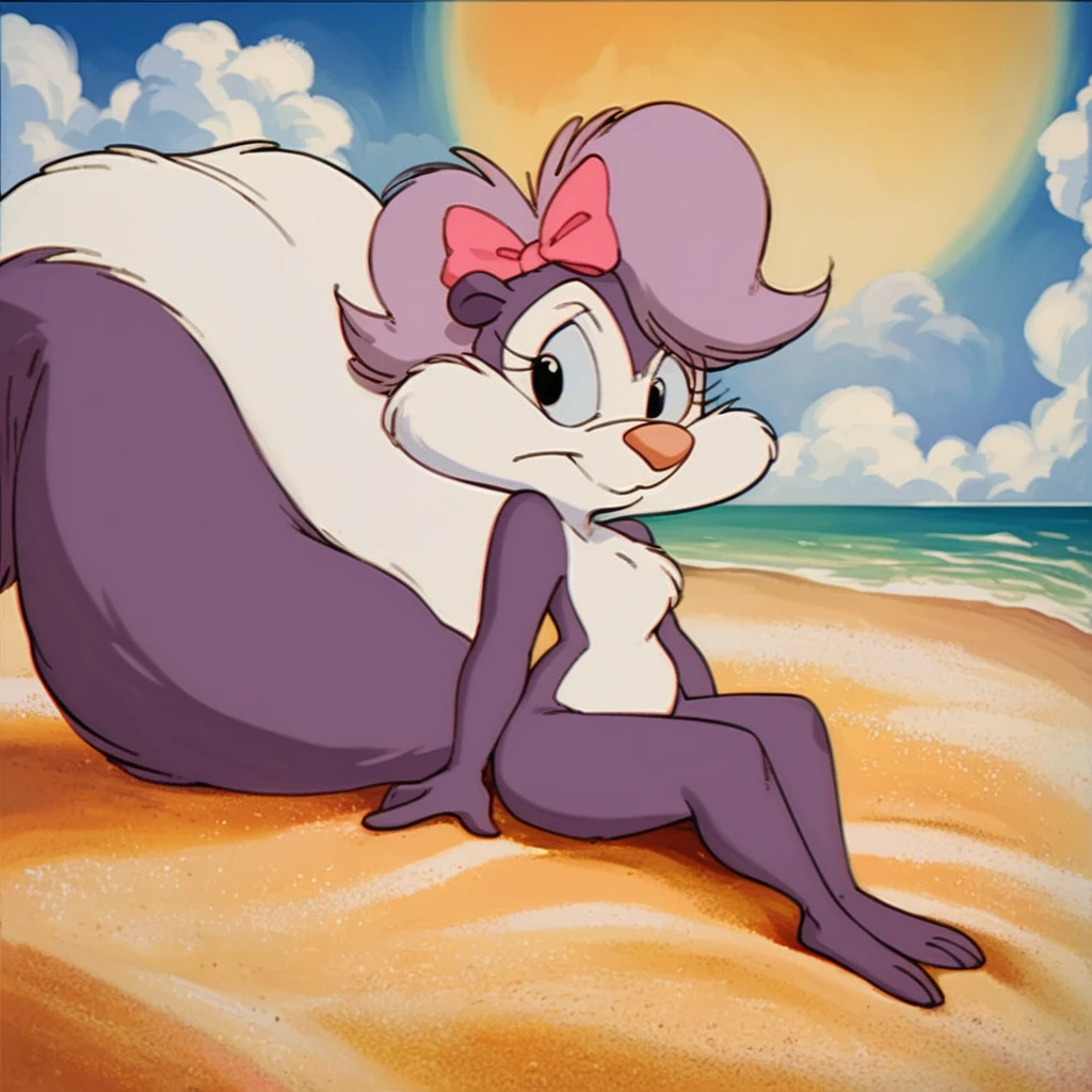 Fifi la fume sitting on sand by the beach, beach, solo, female, anthro, young, short, <lora:FifilafumeTMS_Version1.0:1.00> fluffy tail, <lora:90s_Retro_anime_style_Pony:0> retro anime style, perfect blue anime style,, score_9, score_8_up, score_7_up, score_6_up, source_furry,
detailed background,