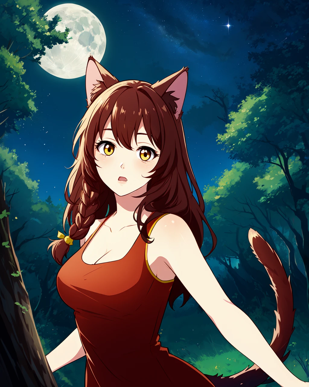 masterpiece, high quality, blyulia, 1girl, upper body, medium shot, brown hair, side braid, yellow eyes, cat ears, red sleeveless dress, cat tail, yellow hairpin, dynamic pose, outdoors, forest, night, tree, sky, stars, moon, moonglare, surprised, (side view:0.7), <lora:blyulia:0.75>