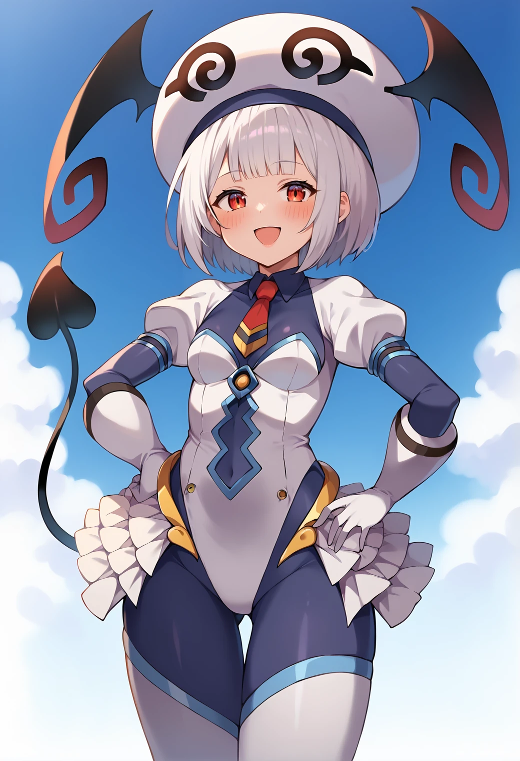 score_9, score_7_up, hd, (ultra hd quality details), source_anime, balloon, blue sky,
solo, 1girl, 1bikkygbf, white hair, thick thighs, short hair, blunt bangs,
lalabodysuit, blue bodystocking, hat, demon wings, demon tail, white leotard, puffy sleeves, white gloves, red necktie, showgirl skirt,
looking at viewer, blush, smile, open mouth, 
hand on own hip, standing, v,
<lora:_lalas_bodysuit-elesico-pony-05:1> <lora:_vikala_gbf-elesico-pony:0.8>