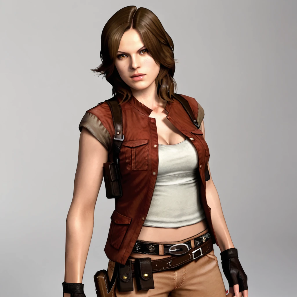 <lora:helenaharperre6_pony_v1:.8> helenaharpersurvivor, 1girl, fingerless gloves, brown hair, cleavage, breasts, holster, belt, midriff, brown eyes, vest, cowboy shot