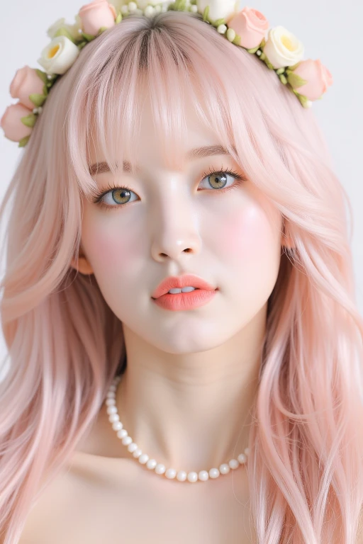 a high-resolution, softly lit photograph featuring a young Asian woman with a delicate, ethereal appearance. She has long, wavy hair in a soft pink hue, styled with bangs that frame her face. Her skin is a smooth, pale complexion, and her eyes are a striking feature, with a subtle, shimmery effect that catches the light. Her lips are painted a soft, muted pink, and she wears a delicate, beaded necklace around her neck. The background is a soft, creamy white, which helps to emphasize the subject's delicate features and the soft pastel colors of her hair and accessories. The image is rich in texture and detail, with a focus on the subject's serene and dreamy expression. The overall aesthetic is whimsical and romantic, evoking a sense of innocence and vulnerability. The photograph's soft focus and pastel colors create a dreamy, ethereal atmosphere, perfect for a fantasy or fairy tale-inspired setting. The subject's delicate features and accessories, such as the floral headpiece, add to the enchanting and otherworldly quality of the image. The style is reminiscent of high-fashion photography, with a focus on delicate, feminine beauty. <lora:Tissue_Arin_Flux_v1.1-LowRep:1>