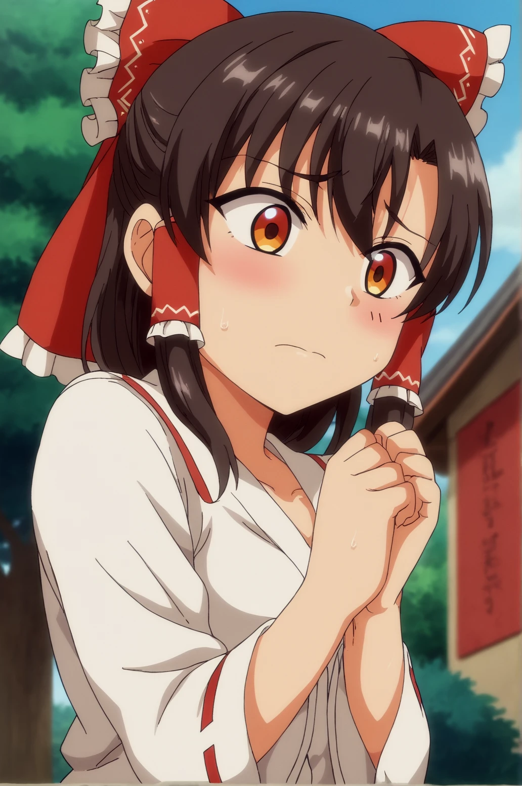 score_9, score_8_up, score_7_up,anime_source, source_anime, best background, detailed background, anime screencap,  hakurei reimu, solo, cowboy shot, outdoors, blush, embarrassed, shy, dynamic angle, dynamic pose, outdoors,   <lora:JN_Saimin_Seishidou_ArtStyle:0.8>