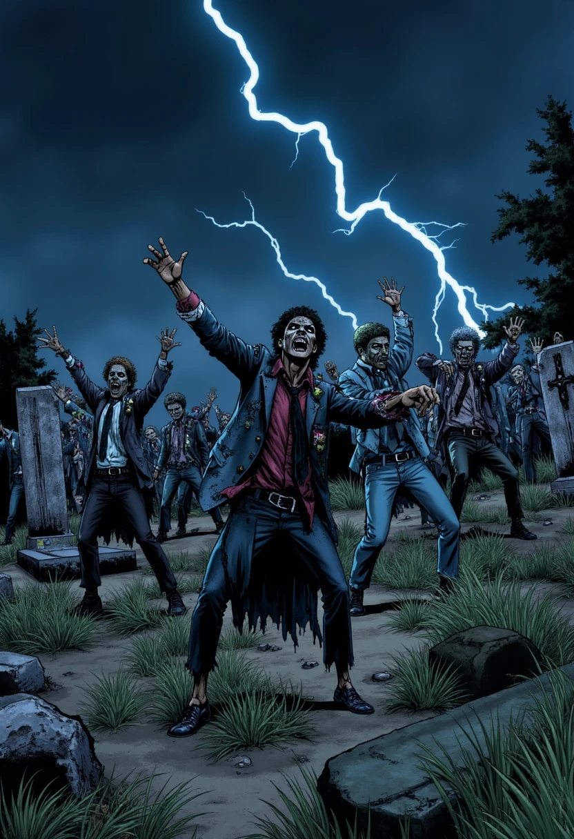 In a dark, overgrown cemetery, zombies rise from the ground, breaking into dance moves in a gritty, stylized graphic novel look. Thick shadows and dramatic angles emphasize their decayed faces and twisted limbs, while flashes of lightning in the background provide sharp, contrasting light across the scene.