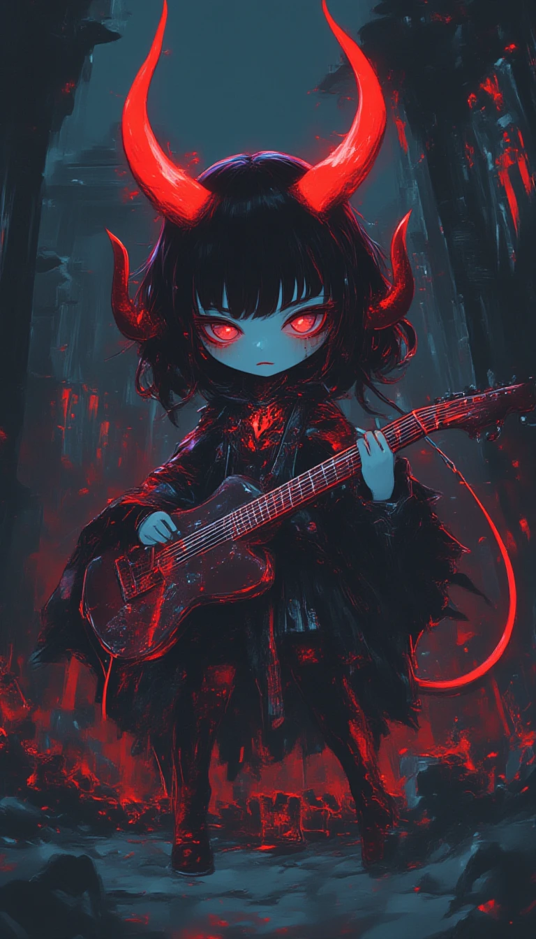 Devil girl playing guitar, dark cemetery,full body,colorful,chibi