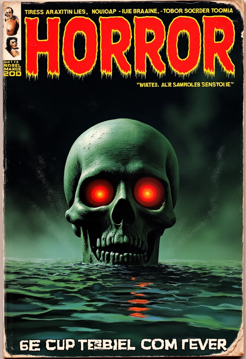 Vintage horror pulp magazine cover titled "HORROR" in jagged, cracked letters at the top, resembling old stone. The cover features a sinister skull, half-submerged in dark, murky water, with glowing red eyes peeking through the shadows. Fog swirls around the scene. The background fades into blackness, with hints of a moonlit sky barely visible. The color scheme is dominated by deep blacks, eerie greens, and crimson highlights, evoking fear and dread. vintage pulp magazine cover, faded colors, creased and worn edges, torn and frayed corners, cracked and peeling surface, faded ink, yellowed paper, distressed texture, smudged and worn-out typography, retro illustration style, scuffed and weathered look, printed in mid-century design, signs of aging and heavy use, nostalgic and well-loved aesthetic