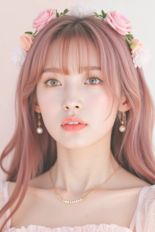 a high-resolution, softly lit photograph featuring a young Asian woman with a delicate, ethereal appearance. She has long, wavy hair in a soft pink hue, styled with bangs that frame her face. Her skin is a smooth, pale complexion, and her eyes are a striking feature, with a subtle, shimmery effect that catches the light. Her lips are painted a soft, muted pink, and she wears a delicate, beaded necklace around her neck. The background is a soft, creamy white, which helps to emphasize the subject's delicate features and the soft pastel colors of her hair and accessories. The image is rich in texture and detail, with a focus on the subject's serene and dreamy expression. The overall aesthetic is whimsical and romantic, evoking a sense of innocence and vulnerability. The photograph's soft focus and pastel colors create a dreamy, ethereal atmosphere, perfect for a fantasy or fairy tale-inspired setting. The subject's delicate features and accessories, such as the floral headpiece, add to the enchanting and otherworldly quality of the image. The style is reminiscent of high-fashion photography, with a focus on delicate, feminine beauty. <lora:Tissue_Arin_Flux_v1.1-LowRep:1>