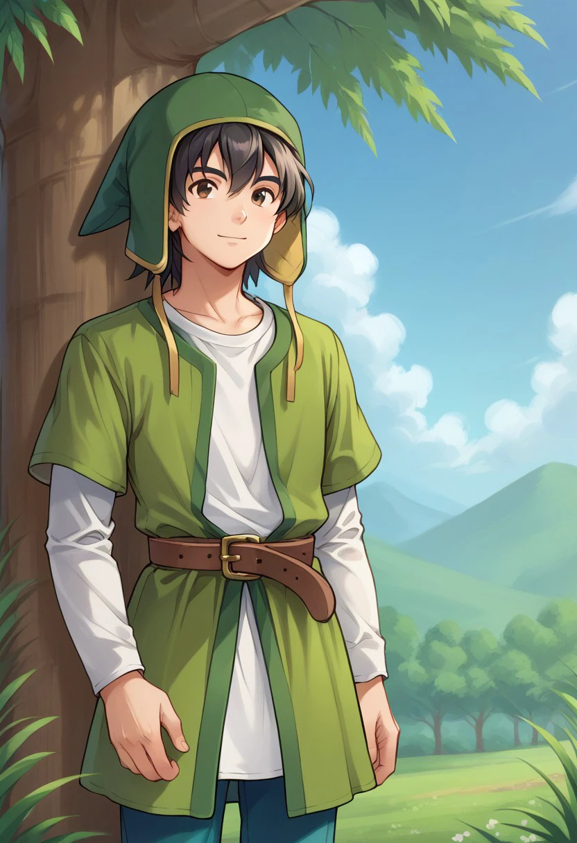 score_9, score_8_up, score_7_up, source_anime, highly detailed, 
herodq, 1boy, male focus, solo, black hair, hat, green headwear, brown eyes, shirt, white shirt, tunic, green tunic, layered sleeves, short over long sleeves, belt, pants, blue pants, boots, brown footwear,
outdoor, wood,  sky,