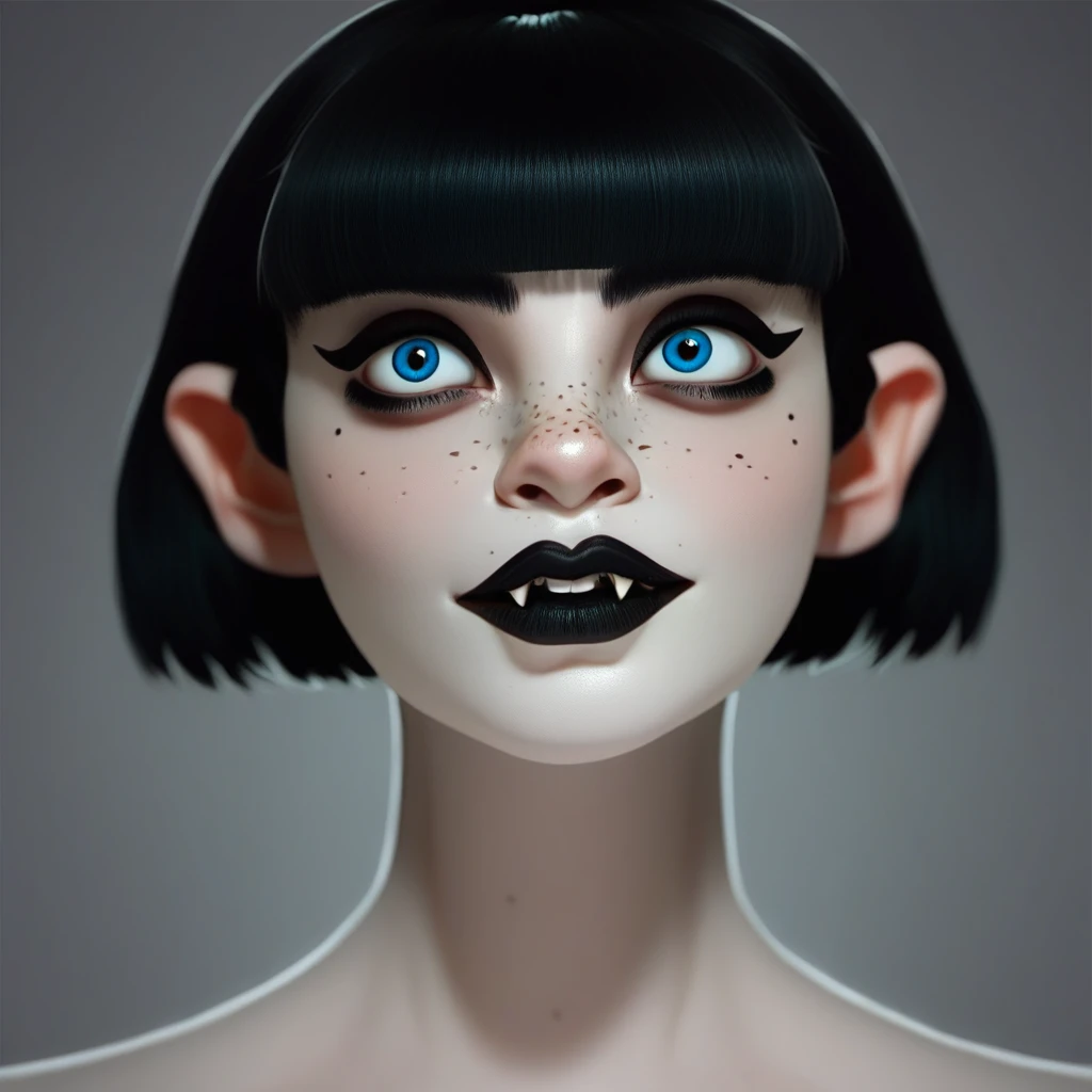 core_9, score_8_up, score_7_up, Mavis Dracula  pale skin, freckles big beautiful blue eyes and short jet black hair with v-fringe hair  cut bangs. black lipstick black eye shadow small fangs big saggy breasts posing up close  flirting