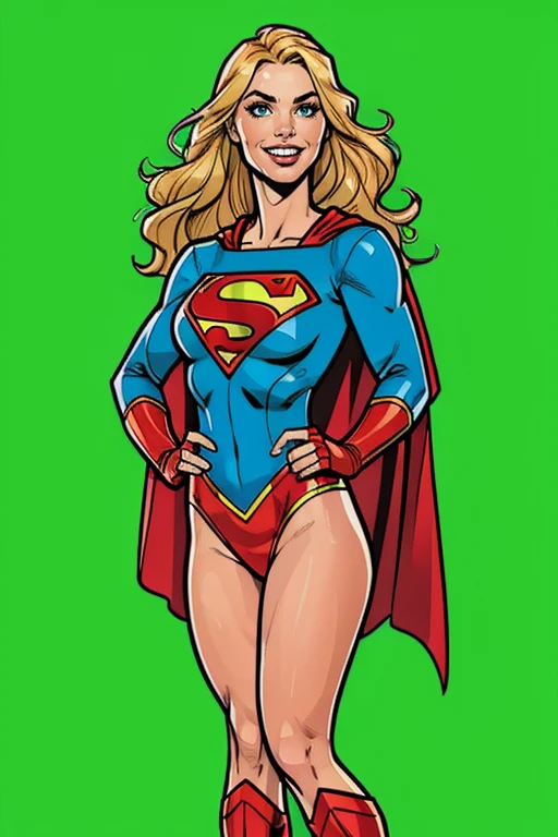 comic illustration of supergirl, blue leotard, sleeves, red cape, gloves, long blonde hair, happy smile, medium shot, epic, dynamic shadows, cinematic, natural front lighting, <lora:Green_Screen_Character:0.85> green background, simple background, extreme sharp, extreme detailed, HD, HDR, 8K, best quality, best resolution, Focused, Centered, Masterpiece, professional, artstation