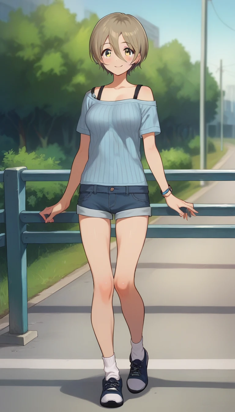 score_9,score_8_up,score_7_up,score_6_up BREAK official art,solo,outdoors,upper body,(portrait:1.5),looking at viewer,facing viewer,smile,blush,Rupa,short hair,brown hair,hair between eyes,parted bangs,yellow eyes,bra strap,black straps,off shoulder,blue shirt,striped shirt,ribbed shirt,short sleeves,medium breasts,denim shorts,white socks,sneakers,<lora:Rupa(gbc)-Pony:1.5>,