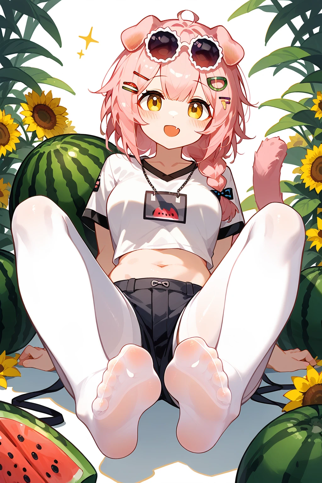 (score_9,score_8_up,score_7_up),<lora:Goldenglow(Arknights)-v1-000008:0.8>,goldenglow (arknights),1girl,animal ears,tail,pink hair,cat ears,cat tail,feet,solo,foot focus,no shoes,navel,soles,eyewear on head,yellow eyes,pantyhose,shorts,hair ornament,braid,toes,looking at viewer,white pantyhose,foreshortening,cat girl,sunflower,long hair,open mouth,blush,smile,sitting,watermelon,sunglasses,legs,fang,hairclip,holding,midriff,full body,breasts,bangs,white shirt,short shorts,shirt,
good feet,anime,NSFW,expressive,amazing quality,ultra hd 32k,