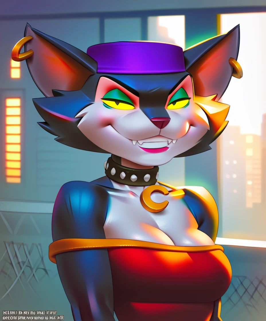 score_9, score_8_up, score_7_up, score_6_up, score_5_up, score_4_up, realistic, cinematic lighting, edge lighting, msfortune, female, cat, bandana, collar, makeup, yellow sclera, dress, grin, bedroom eyes, looking at viewer,  apartment building, by miles df, <lora:MsFortuneXL_03-Pony-nd32-lr2e-4-Ep08:1>