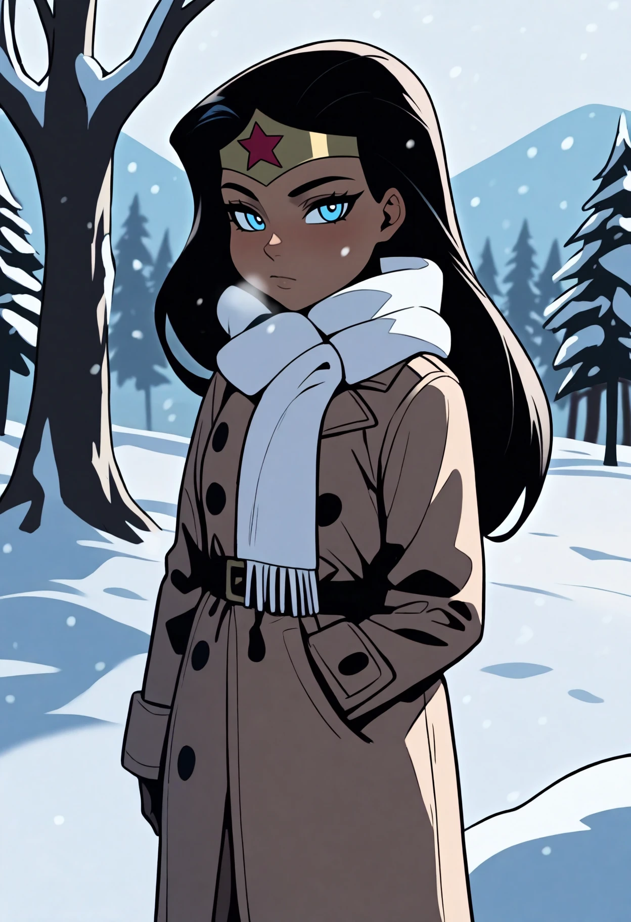 best quality, amazing quality, very aesthetic, absurdres,
1girl, wonderwoman, 
standing outdoors in the snow during the winter,
black hair, long hair, blue eyes, dark skin,
winter clothes, white scarf, coat,
expressionless, looking at viewer, outdoors, snow, snowing, solo, tree, winter    <lora:WonderWomanKidsIllustriousXL_byKonan:1>