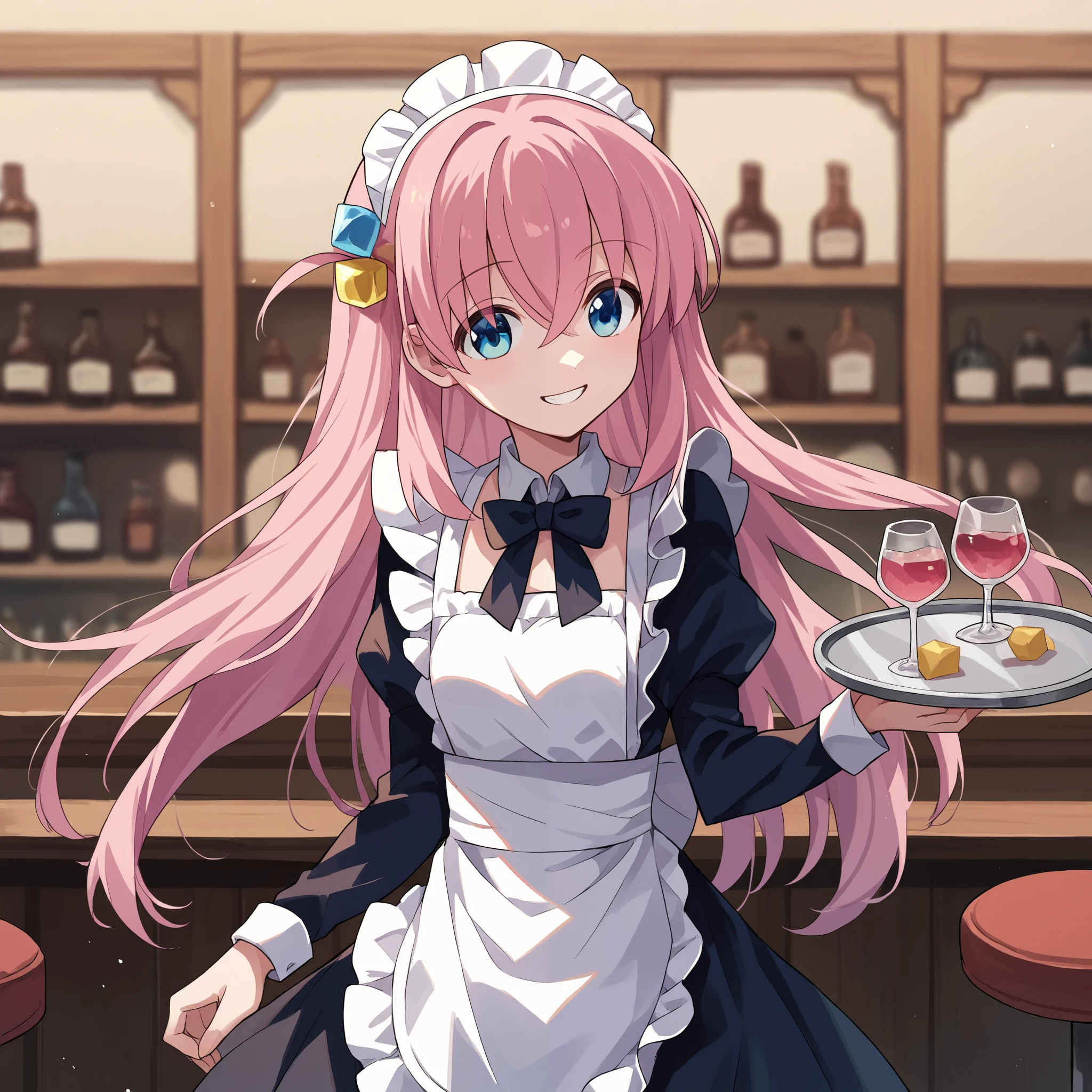 score_9, score_8_up, score_7_up, score_6_up, score_5_up, score_4_up, BREAK source_anime, look at viewer, rating_safe,  1girl, solo, masterpiece, best quality,  bocchidef, blue eyes, pink hair, long hair, cube hair ornament,  maid, maid headdress, maid apron, pantyhose, holding tray, smiling, bar, indoors,