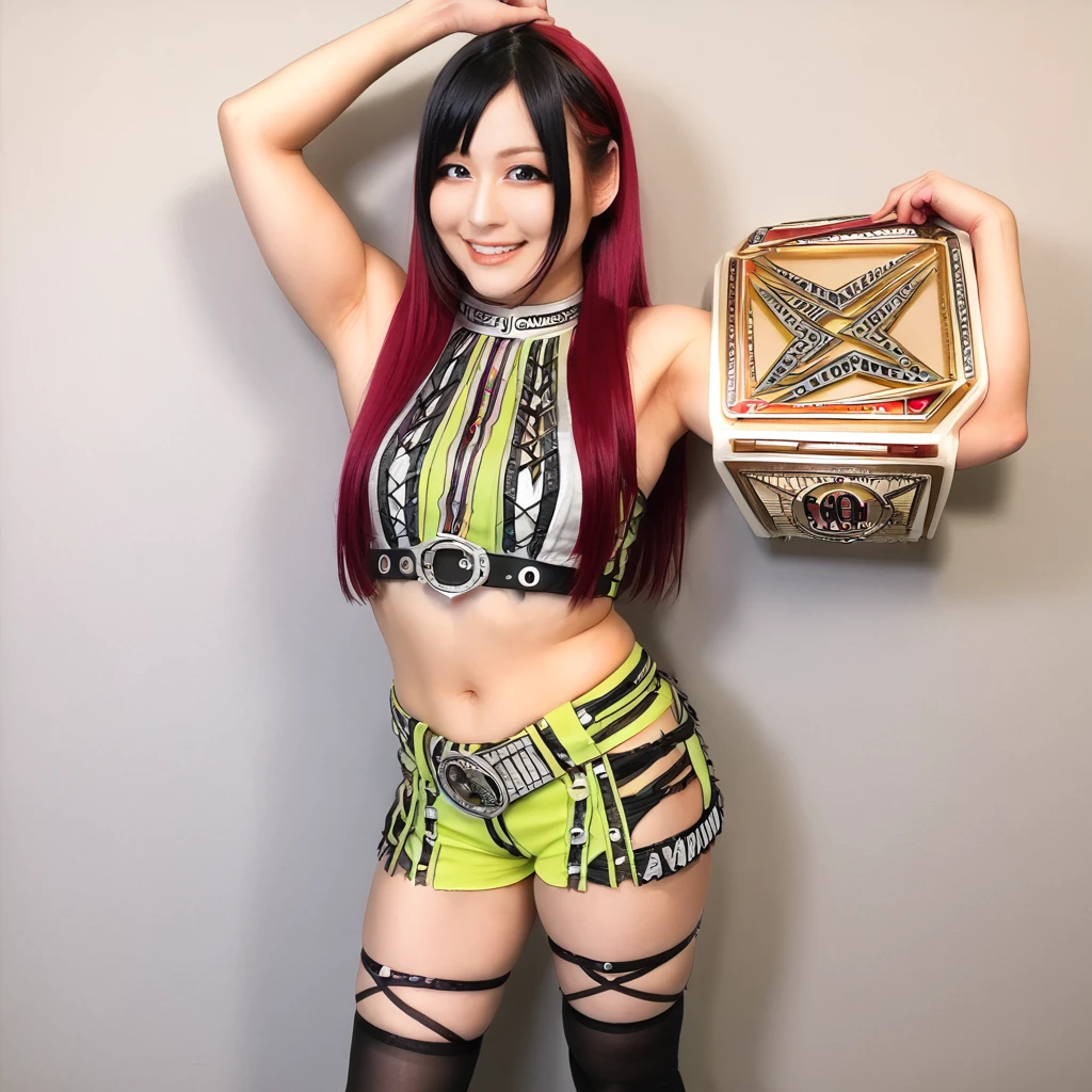 <lora:Pony_-_IYO_SKY:1>, 1yosky,1girl, solo, navel, midriff, multicolored hair, long hair, black hair, smile, armpits, thighhighs, red hair, championship belt