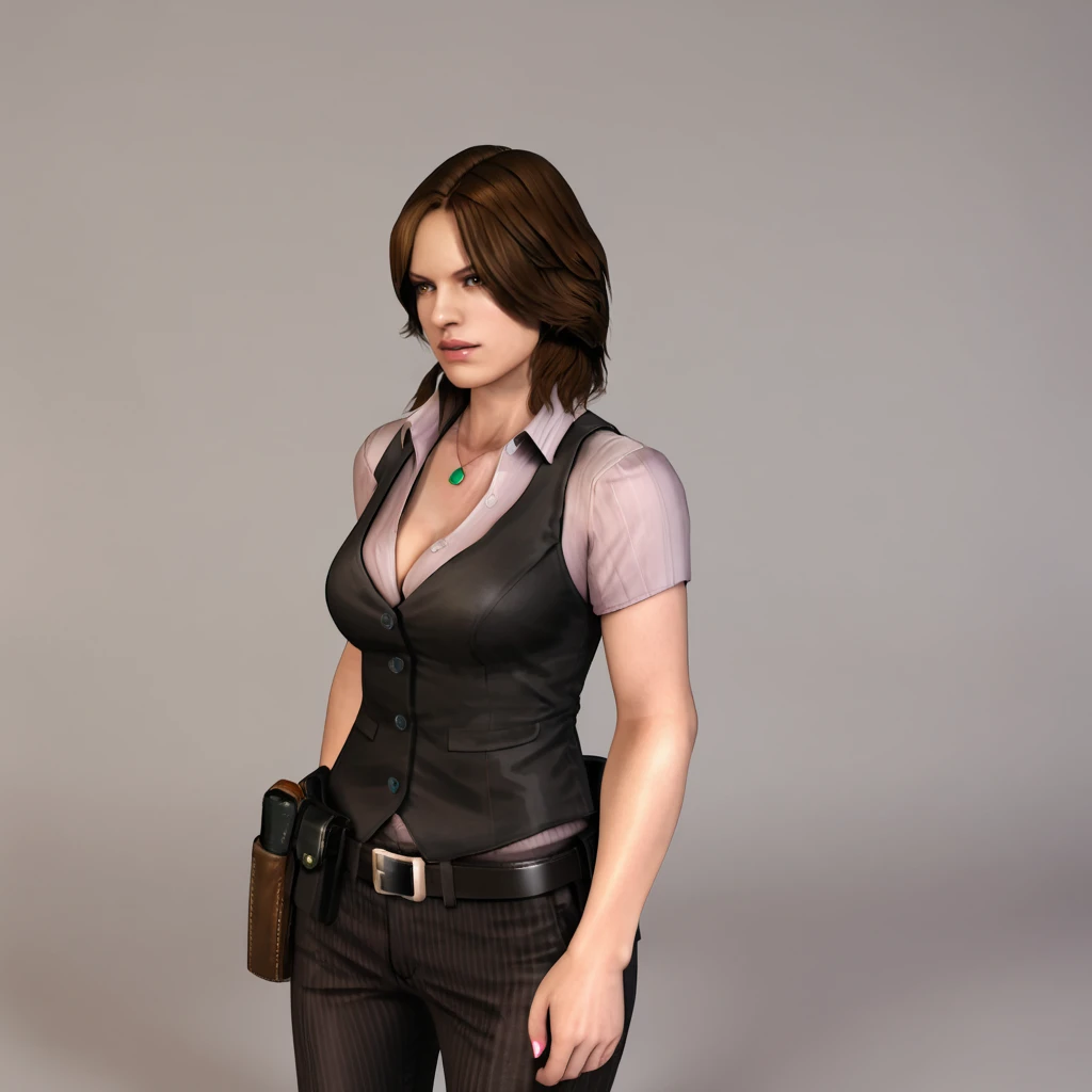 <lora:helenaharperre6_pony_v1:.8>  helenaharper, 1girl, solo, medium breasts, jewelry, brown hair, cleavage, necklace, belt, vest, pants, shirt, holster, cowboy shot
