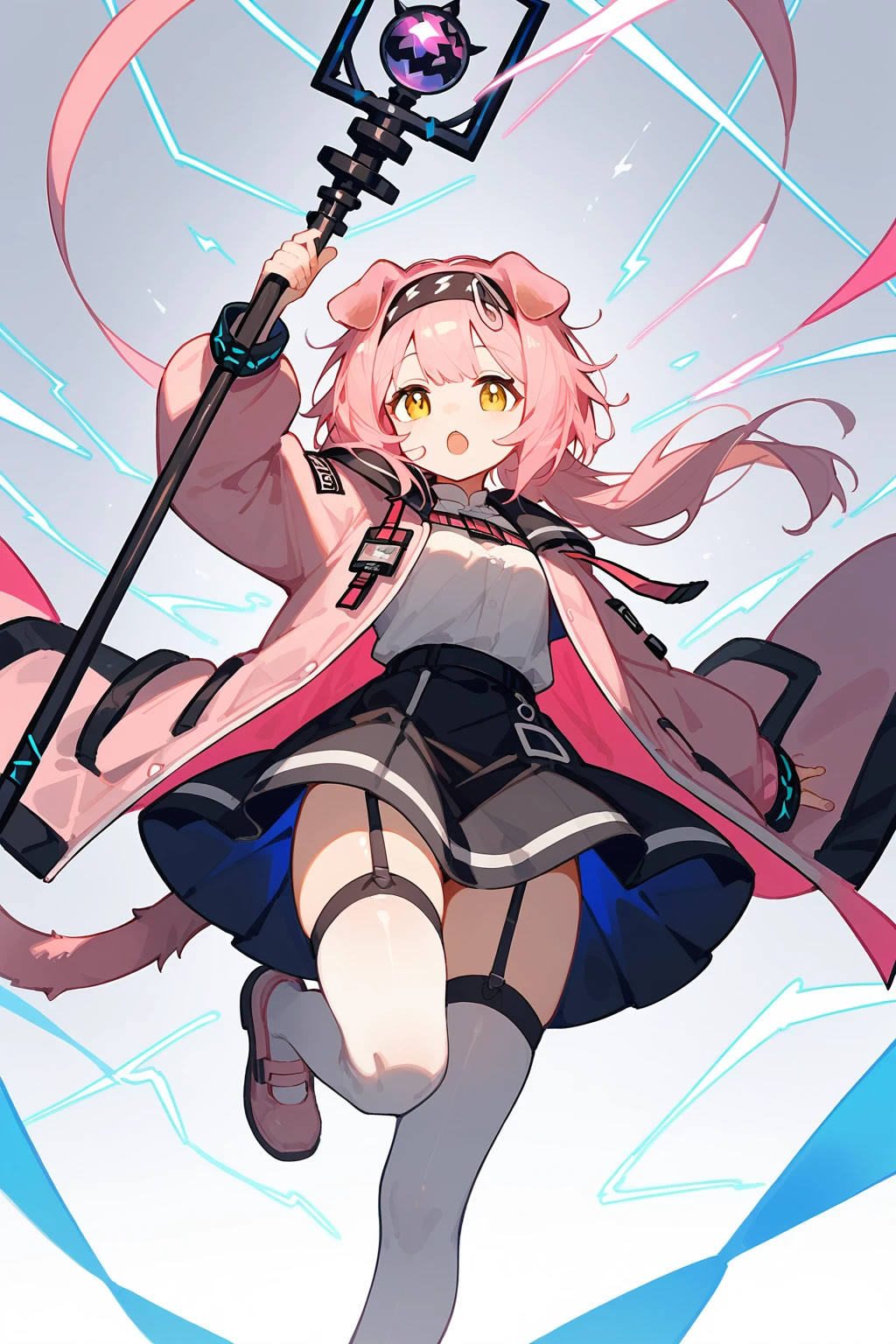 (score_9,score_8_up,score_7_up),<lora:Goldenglow(Arknights)-v1-000008:0.6>,goldenglow (arknights),1girl,solo,animal ears,thighhighs,cat ears,pink hair,long hair,skirt,open mouth,holding,garter straps,yellow eyes,black hairband,electricity,white thighhighs,black skirt,shirt,white shirt,open clothes,hairband,looking at viewer,long sleeves,staff,jacket,holding staff,cat girl,shoes,arm up,cat tail,pink coat,zettai ryouiki,pink footwear,bangs,hair down,floppy ears,
good feet,anime,NSFW,expressive,amazing quality,ultra hd 32k,