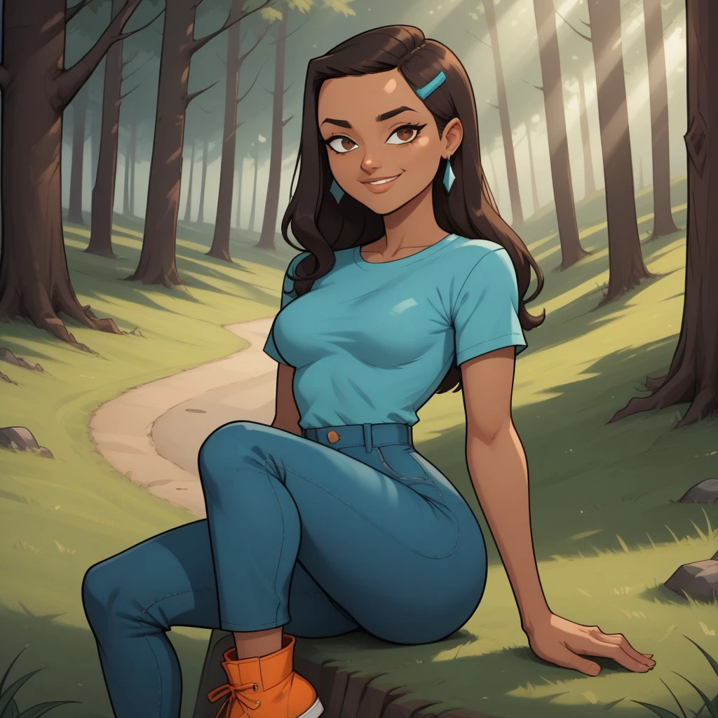 score_9, score_8, BREAK, solo, cyan shirt, 1girl, jeans, dark brown hair, hair buckle, long hair, earrings, dark skin, brown eyes, orange footwear, lips, breasts, total drama, Priya_(Total_Drama), sexy pose, smile, outdoors, sunlight, shadows, evening lighting, natural lighting, forest, trees, grass, orange sky, sunset