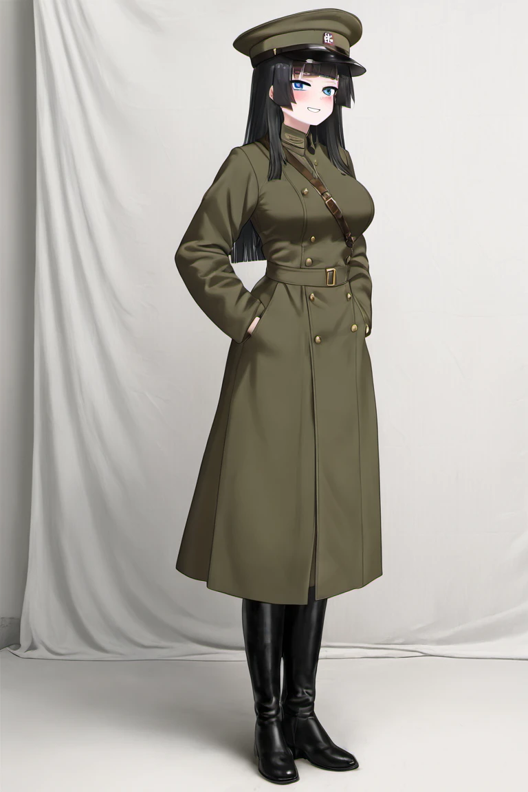 people,characters,copyright,style,general tags,rating,masterpiece,best quality,good quality,newest,
<lora:NRAuniform-v3IL:1>,
1girl,long hair,black hair,hime cut,blunt bangs,blue eyes,large breasts,narrow waist,wide hips,teenage ????,slim sexy body,
coat,hands_in_pockets,peaked_cap,green uniform,
NRA1944,NRA officer,blue and white cap badge with gold trim,trench coat,black boots,double-breasted coat,smug,blush,
