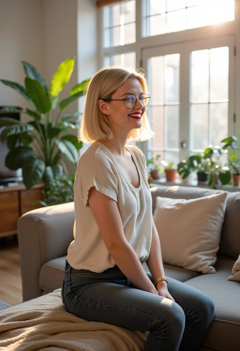 a professional profile photo of siobhanthompson from the side. She is a slender woman with blond hair. She is wearing red lipstick and casual clothes. She is smiling. She is sitting on a sofa in a living room with house plants. Sunlight is shining through large windows onto her face and body.